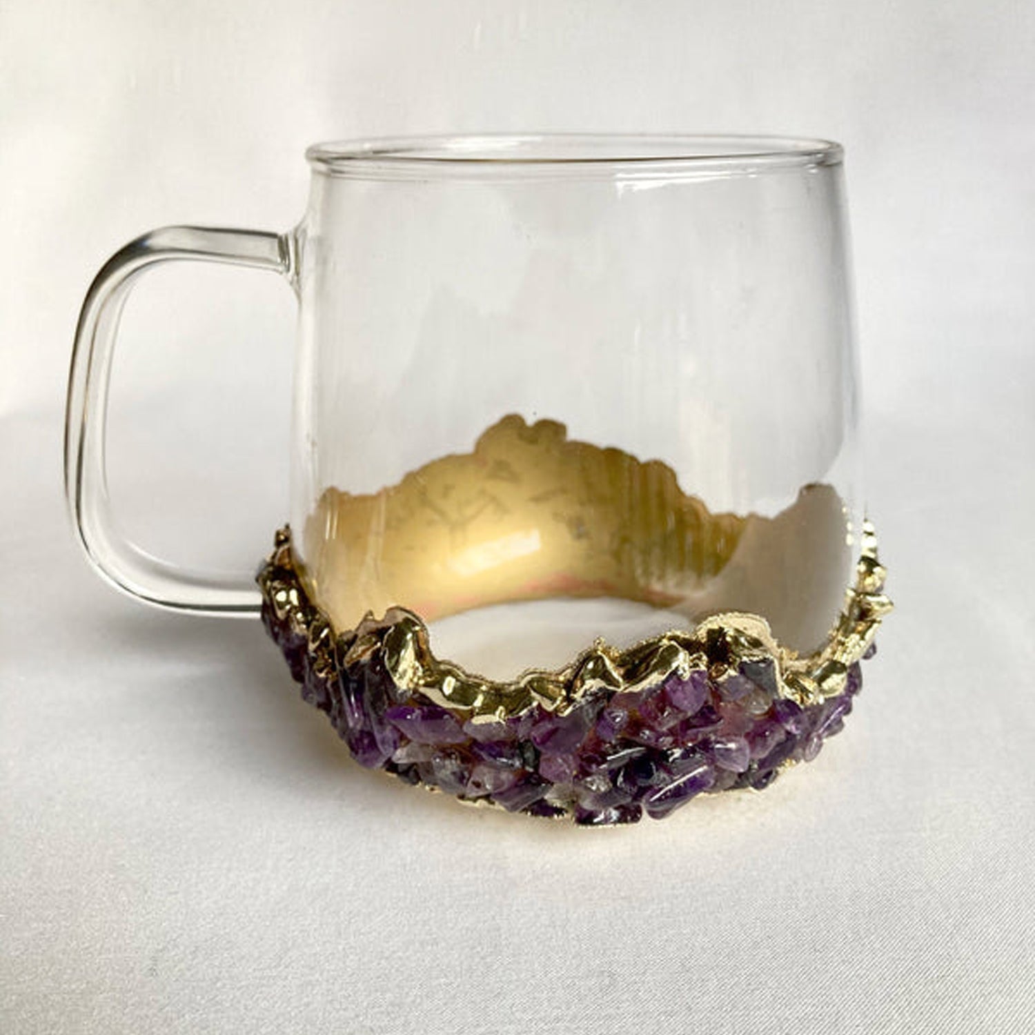 Set of 2 |Crystal Glass Coffee/Tea/Juice Mugs with Gold Plated Purple Amethyst Agate/Quartz Semi-precious Crystals | 17 oz/500 ml